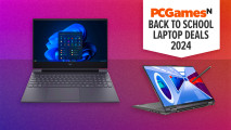 Two discounted laptops and the words back to school laptop deals on a purple background