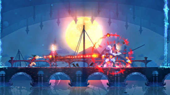 The player unleashes a stream of fire on an armored foe in Dead Cells, one of the best Metroidvania games.