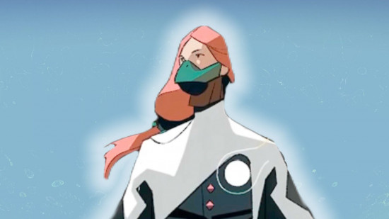 Cataclismo Steam early access launch: someone dressed in bright sci-fi garb with a blue face mask and long pink hair