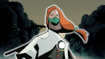 Cataclismo Steam out now: a red-headed woman in green and white sci-fi garb and a mask stands in front of a sun