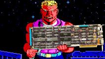EGA graphics: Duke Nukem screenshot holding graphics card