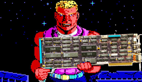 EGA graphics: Duke Nukem screenshot holding graphics card