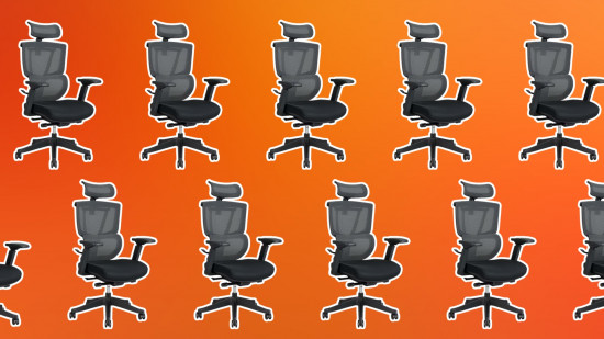 FlexiSpot ergonomic office chair on an orange gradient background