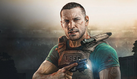 Escape From Tarkov Arena: A man in a green t shirt and military vest holds a pistol with a flashlight attachment