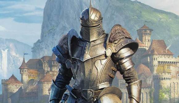 Next ESO update will let you rummage through other player houses: An armored person stands in front of a beautiful Breton town.
