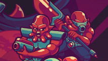 Exophobia: Two red-skinned aliens holding swords and guns