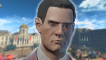 Fallout London Epic games Store: a man with slicked back hair and a red suit, stood in front of some British parliamentary looking buildings