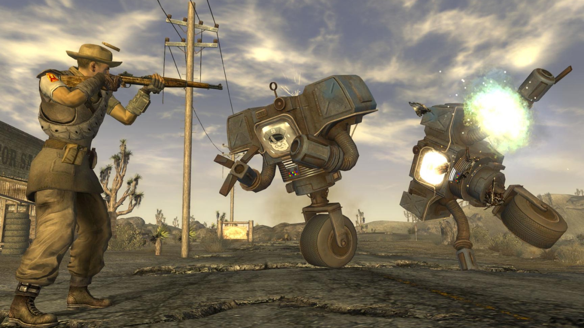 Fallout Vaults: A man shooting robots in Obsidian RPG Fallout New Vegas