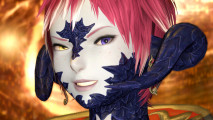 FF14 Dawntrail review - A red-haired Au Ra smiles in the new expansion for Final Fantasy 14, backed by golden swirls.