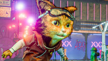 Violent hack-and-slash Gori Cuddly Carnage wants your actual blood: The cat from Gori: Cuddle Carnage surfs through a cyberpunk world.