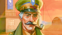 XCOM style robot tactics game Grit and Valor 1949 now free to try: A grey-haired man with a moustache, pipe, and military cap, from Grit and Valor 1949.