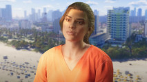 GTA 6: A woman in an orange prison shirt with a blurred backdrop of a beach city behind her