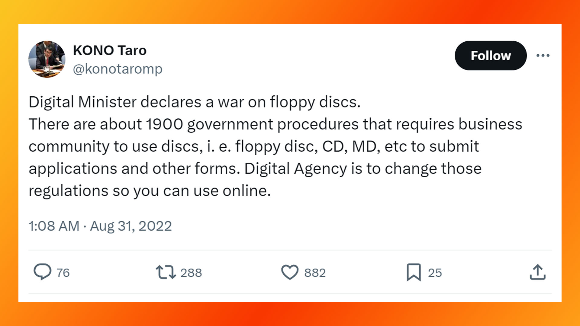 Taro Kono war on floppy disks tweet screenshot