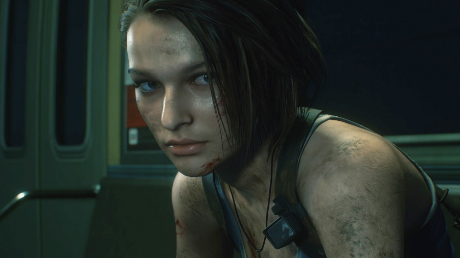 Jill Valentine crouches over, a steely look on her face, in Resident Evil 3.