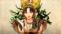 Kunitsu-Gami Path of the Goddess review: An Asian woman wearing traditional makeup and a golden crown offers the camera a small leaf-like piece of food on a plate, a green plant behind her
