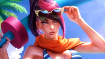 Unannounced League of Legends platform fighting game Pool Party is canceled, report says - A pink-and-purple-haired woman lifts up her sunglasses to look at you.