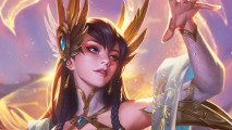 League of Legends skins sale: Divine Sword Irelia with her golden feathered head piece and white-gold attire
