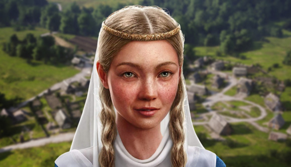 Manor Lords portraits: A girl with blonde hair wearing a white veil