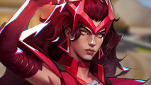 Marvel Rivals giveaway: Scarlet Witch raises a hand above her head as her eyes flash crimson and her red headress reflects the light