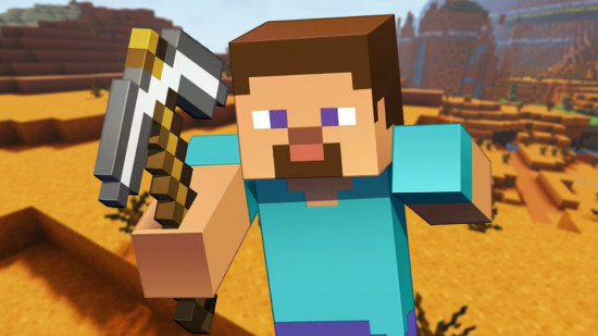 Steve charges off into one of the many Minecraft biomes, an iron pickaxe in his hand.
