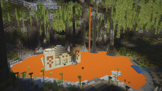 A desert temple in the middle of a lava lake in a lush cave in one of the coolest Minecraft seeds in 1.21.