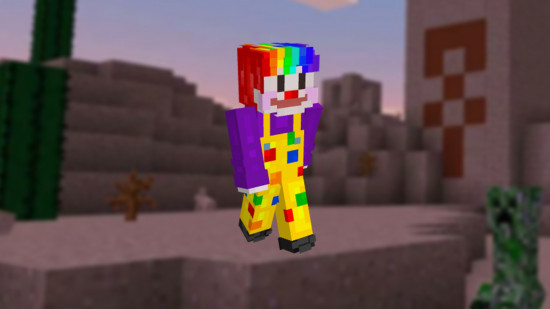 A colorful clown Minecraft skin stands on the backdrop on a desert at sunset.