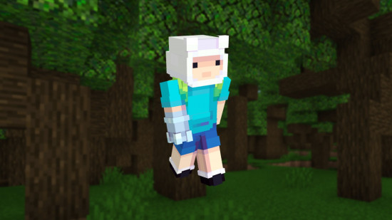 A Minecraft skin made to look like Finn from Adventure Time stands in a dense forest.