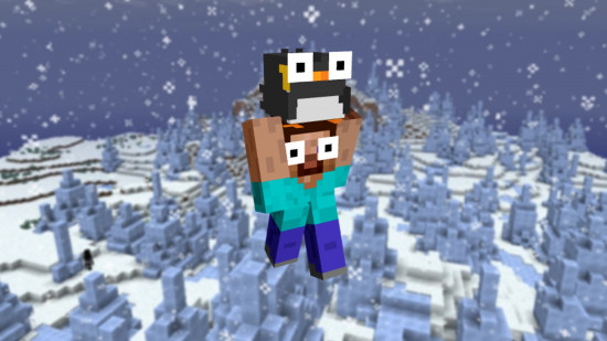 A strange and funny Minecraft skin showing a short Steve holding a penguin above his head.