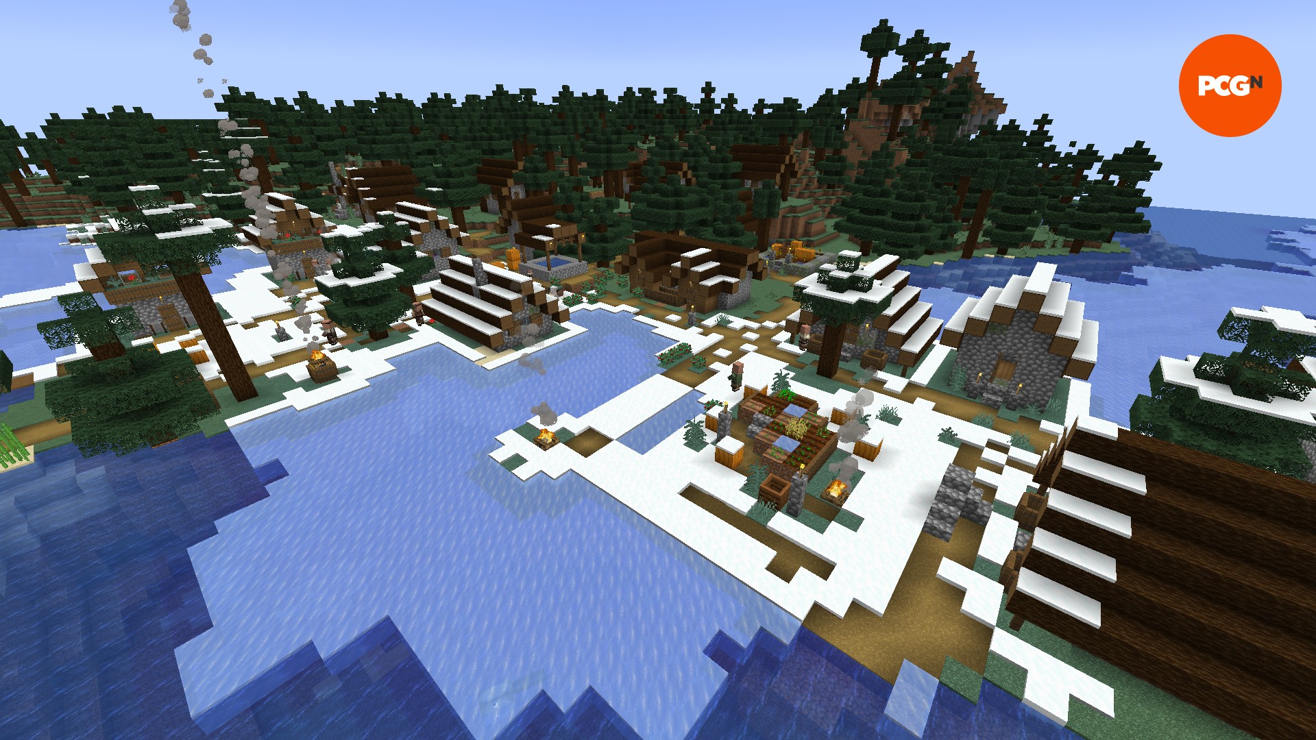 A large Minecraft taiga village on a frozen river in one of the best Minecraft seeds.