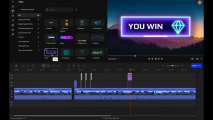 The Movavi Video Editor screen editing a video which has the text 'you win' highlighted