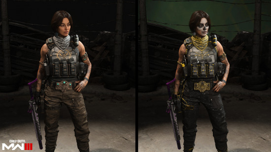 MW3 battle pass: two identical woman, both wearing the same military outfit; one has facepaint and a gold scarf.