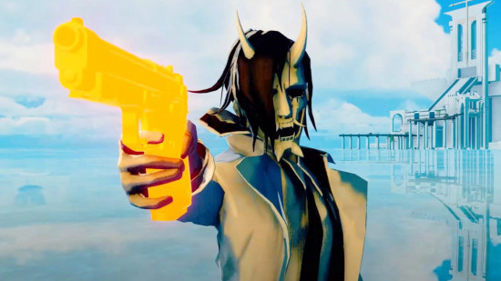 Neon White Game Pass: A person in a white devil mask and white suit points a glowing gold gun