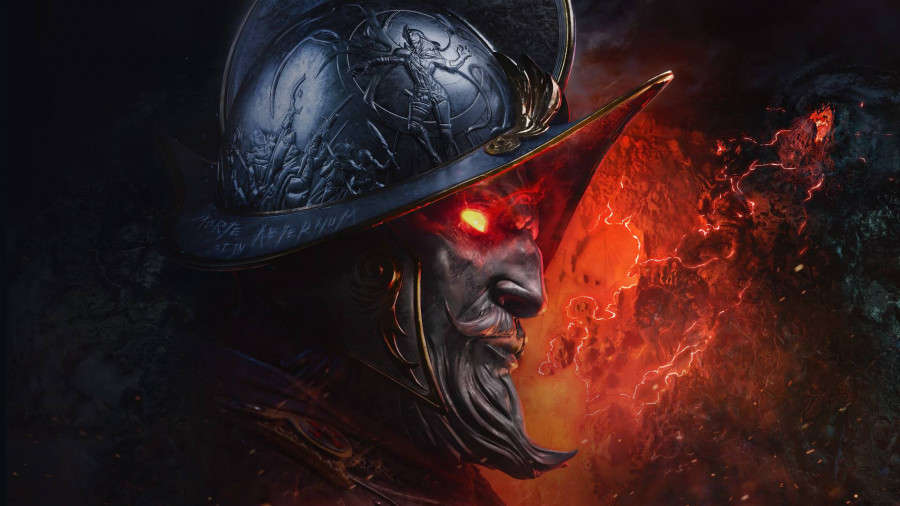 New World Aeternum: A metallic helmet with a face with a goatee and red eyes looks off camera onto a red background