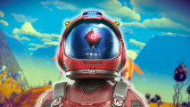 No Man's Sky Worlds Part 1: an astronaut in a red space suit, stood in front of a vibrant sky