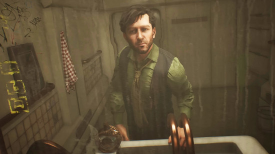 Nobody Wants to Die review: a man in a green shirt and tie staring into a bathroom mirror