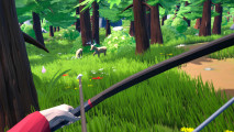 a first-person pov of a hunter drawing a bow and arrow, aiming at a deer in a forest