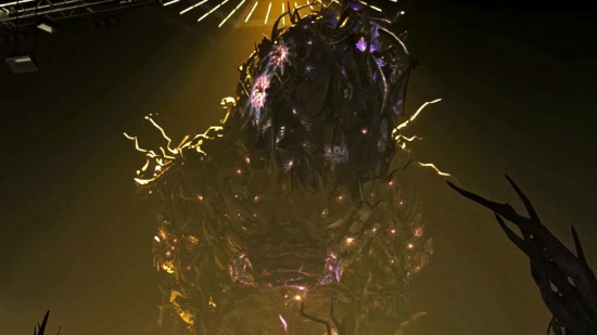 A large, face-less monster, the Mensdevoran, one of the Once Human bosses, looms over the player.