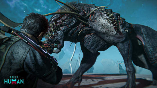 A player aims a gun at a large, dog-like beast, the Rabizex, one of the Once Human bosses.