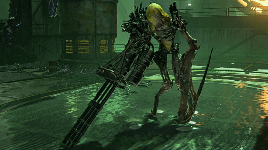 A biomech enemy, the Ravenous Hunter, one of the Once Human bosses, holds a large minigun.