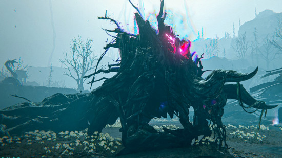 A large Treant, one of the Once Human bosses, lies across the ground, a red glow emanating from its back.