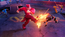 OutRage Fight Fest review: A bulky man in a red chicken costume kicks a small woman in streetwear