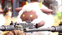 a cute fuzzy sheep armed with a machine gun and wearing a scowl on its adorable face