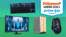 Four PC gaming products in the Amazon Prime Day sales on a bright blue background