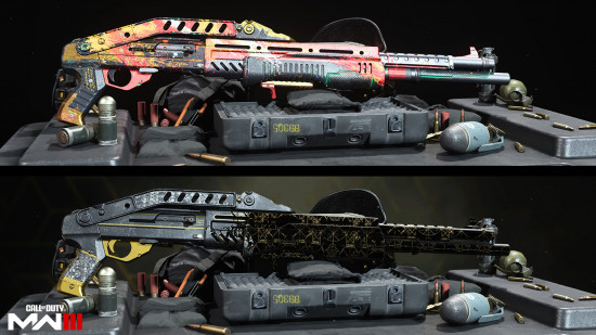 MW3 battle pass: two identical shotguns with different paintjobs. One is all blakc while the toher is covered in paint splats.