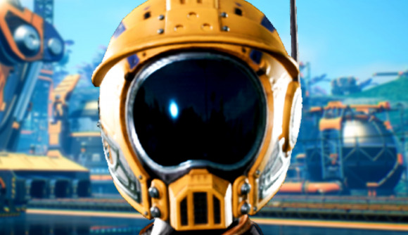 Satisfactory 1.0 introduces tier nine milestone technology - A figure in a yellow helmet stands before a large factory.