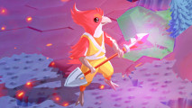 Hex city builder Scorchlands has incredible reviews already, only $6: A bipedal red bird holding a shovel tipped with a magic gem, from Scorchlands.