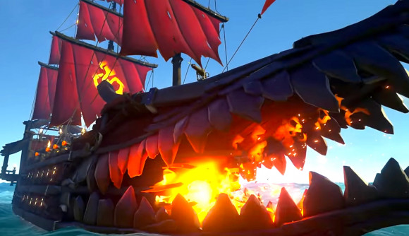 a colossal ship with a burning maw on its bow