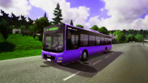 Simulation game, Bus Simulator 18. Image shows a screenshot of a bus driving down a vibrant road.