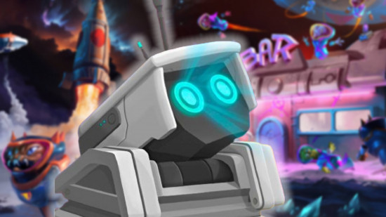 Starkeeper Steam: a cute little robot with blue glowing eyes in front of a space tavern