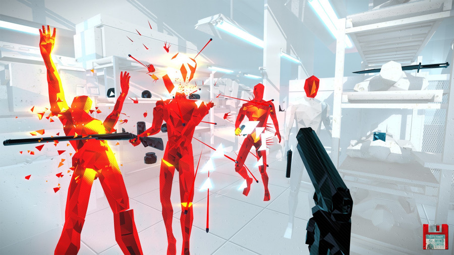 The head pops on a bright-red mannequin in Superhot: Mind Control Delete.